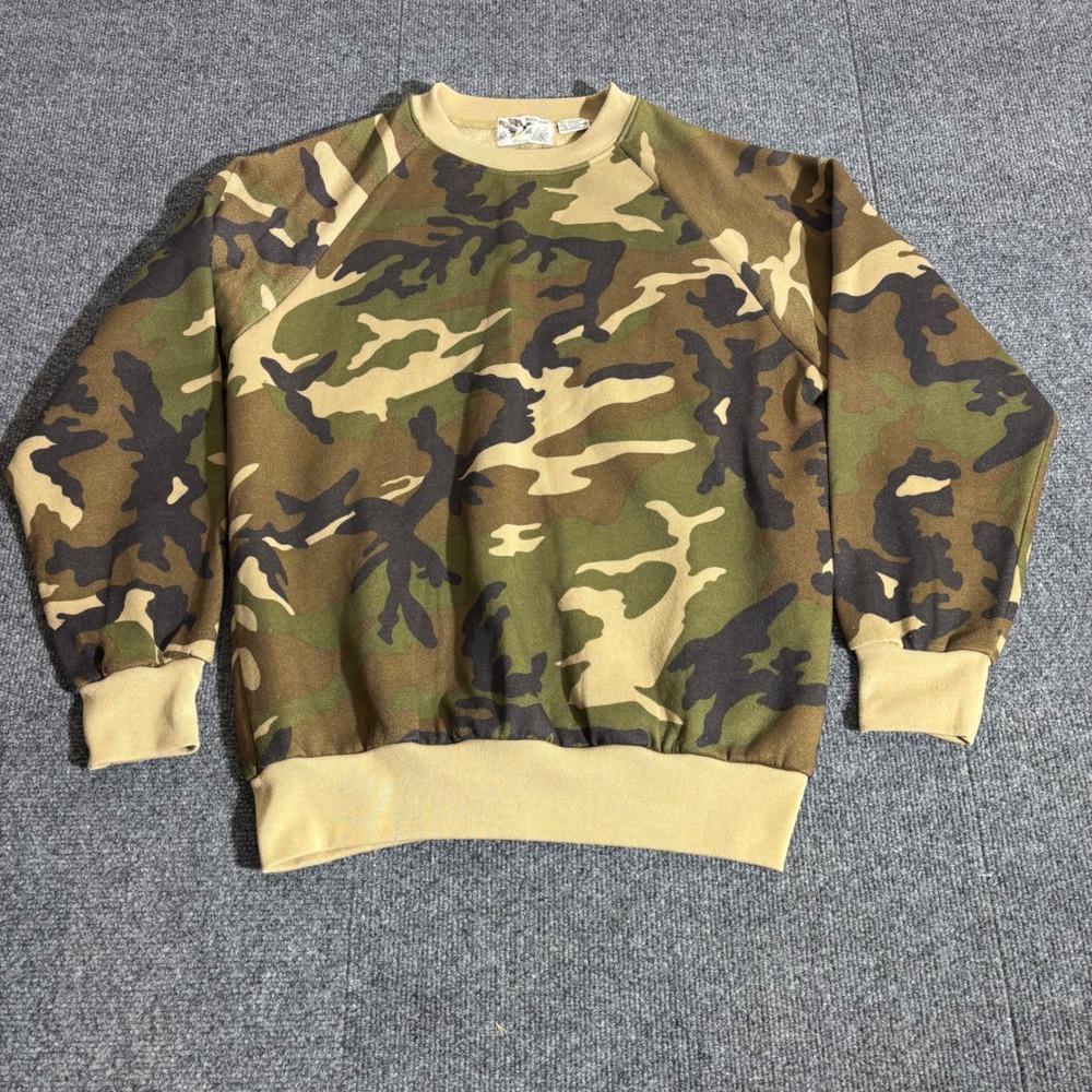 Duck Bay Vintage Mens Camo 90s  Crewneck Sweatshirt Woodland Camouflage Large